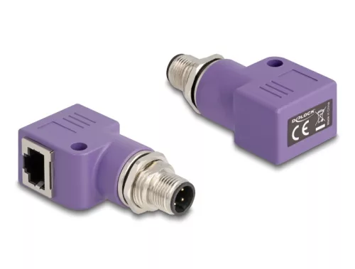 Delock M12 D-kódolt adapter 4 tűs apa - RJ45 anya Cat.5e beszerelő mélyedéssel, 90 -ban hajlított, ibolya színű (DL-60679)
