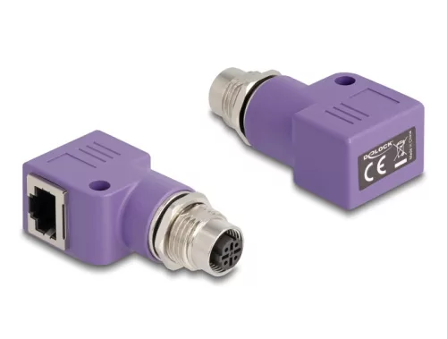Delock M12 D-kódolt adapter 4 tűs anya - RJ45 anya Cat.5e beszerelő mélyedéssel, 90 -ban hajlított, ibolya színű (DL-60680)