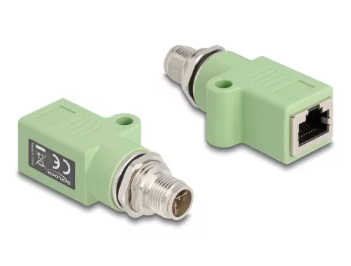 Delock M12 X-kódolt adapter 8 tűs apa - RJ45 anya Cat.5e beszerelő mélyedéssel egyenes, zöld színű (DL-60681)