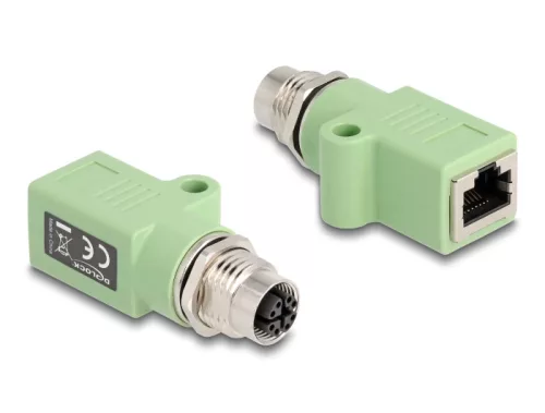 Delock M12 X-kódolt adapter 8 tűs anya - RJ45 anya Cat.5e beszerelő mélyedéssel, egyenes, zöld színű (DL-60682)
