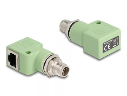 Delock M12 X-kódolt adapter 8 tűs apa - RJ45 anya Cat.5e beszerelő mélyedéssel, 90 -ban hajlított, zöld színű (DL-60683)