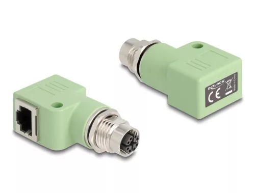 Delock M12 X-kódolt adapter 8 tűs anya - RJ45 anya Cat.5e beszerelő mélyedéssel, 90 -ban hajlított, zöld színű (DL-60684)