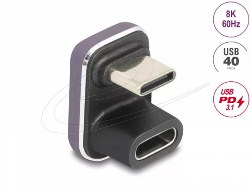 Delock USB-C  adapter 180 -os szögben 40 Gb/s PD 3.1 240 W dugasz-alakú U-alakú 8K 60 Hz fém (DL-60737)