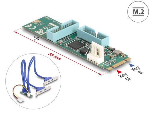 Delock Átalakító, M.2 aljzat B+M nyílással, csatlakozódugó - 4 x USB 5 Gbps A-típusú hüvely 50 cm hosszú kábellel