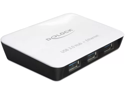 Delock HUB USB 3.0 3 port + 1 port Gigabit LAN 10/100/1000 Mb/s, fehér-fekete (DL-62431)