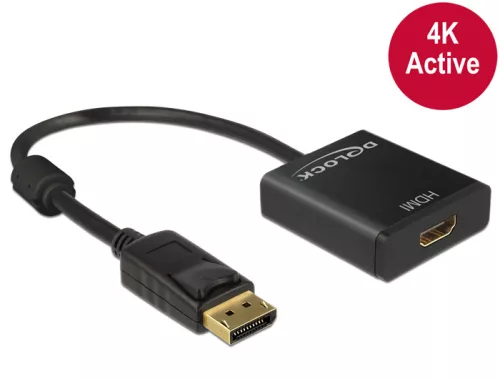 Delock Adapter Displayport 1.2-dugós csatlakozó > HDMI-csatlakozóhüvely 4K aktív, 20cm, fekete (DL-62607)