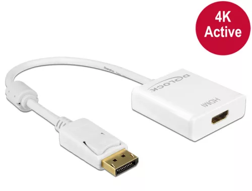 Delock Adapter Displayport 1.2-dugós csatlakozó > HDMI-csatlakozóhüvely 4K aktív, 20cm, fehér (DL-62608)