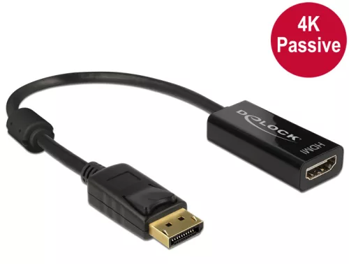 Delock Adapter Displayport 1.2-dugós csatlakozó > HDMI-csatlakozóhüvely 4K passzív, 20cm, fekete (DL-62609)