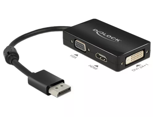 Delock Adapter Displayport 1.1-dugós csatlakozó > VGA / HDMI / DVI-csatlakozóhüvely passzív fekete (DL-62656)
