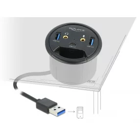   Delock 3 portos asztalba építhető USB hub 1 x USB Type-C  és 2 x A-típusú USB, valamint HD-Audio por (DL-62794)