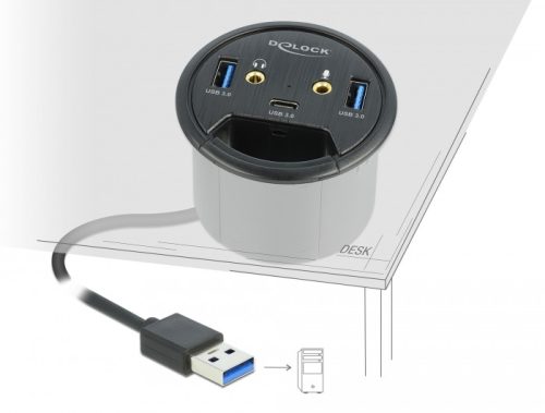 Delock 3 portos asztalba építhető USB hub 1 x USB Type-C  és 2 x A-típusú USB, valamint HD-Audio por