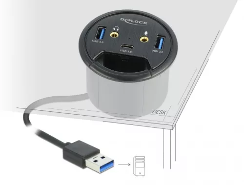 Delock 3 portos asztalba építhető USB hub 1 x USB Type-C  és 2 x A-típusú USB, valamint HD-Audio por (DL-62794)
