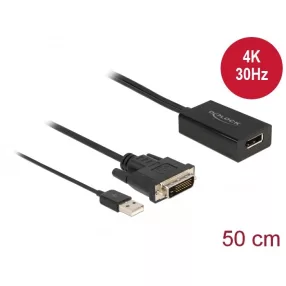   Delock Adapter DVI-dugós csatlakozó > DisplayPort 1.2-csatlakozóhüvely fekete 4K-hez HDR funkcióval (DL-63189)