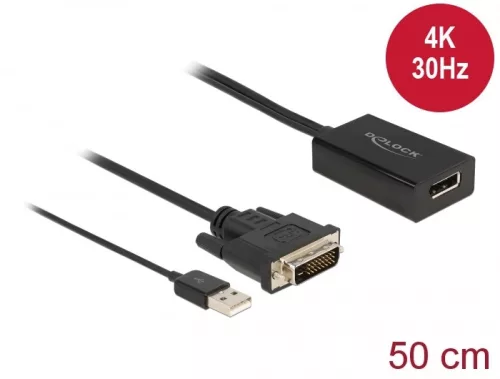 Delock Adapter DVI-dugós csatlakozó > DisplayPort 1.2-csatlakozóhüvely fekete 4K-hez HDR funkcióval (DL-63189)