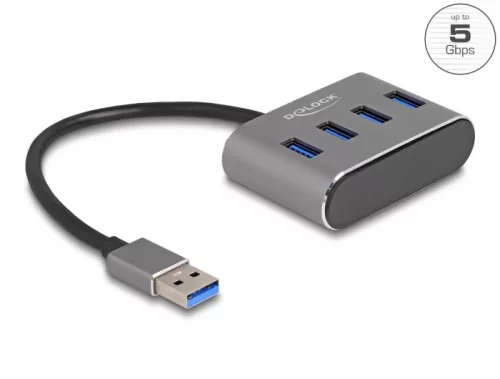 Delock 4 portos USB 3.2 Gen 1 hub USB Type-A csatlakozóval   USB Type-A portok a tetején (DL-63190)