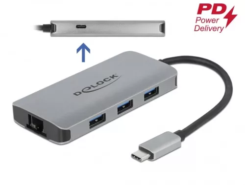 Delock USB 3.2 Gen 1 hub 4 porttal és Gigabit LAN-nel, valamint PD-vel (DL-63252)