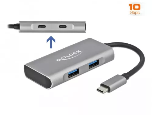 Delock Külső USB 3.2 Gen 2 USB Type-C  hub 2 A-típusú és 2 USB Type-C  csatlakozó felülettel (DL-63260)