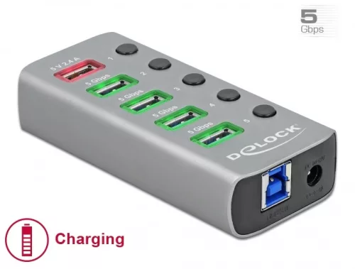 Delock USB 3.2 Gen 1 hub 4 porttal valamint 1 gyorstöltő porttal kapcsolóval és megvilágítással (DL-63262)