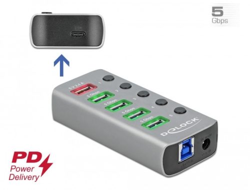 Delock USB 3.2 Gen 1 hub 4 porttal valamint 1 gyorstöltő porttal és 1 USB-C  PD 3.0 porttal kapcsoló