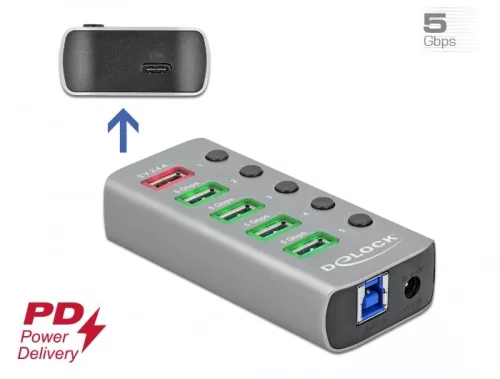 Delock USB 3.2 Gen 1 hub 4 porttal valamint 1 gyorstöltő porttal és 1 USB-C  PD 3.0 porttal kapcsoló (DL-63263)