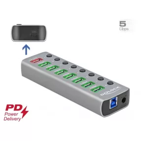   Delock USB 3.2 Gen 1 hub 7 porttal valamint 1 gyorstöltő porttal és 1 USB-C  PD 3.0 porttal kapcsoló (DL-63264)