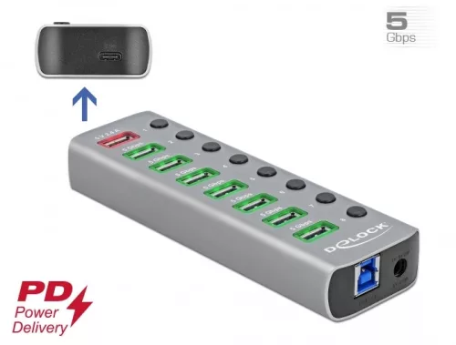 Delock USB 3.2 Gen 1 hub 7 porttal valamint 1 gyorstöltő porttal és 1 USB-C  PD 3.0 porttal kapcsoló (DL-63264)