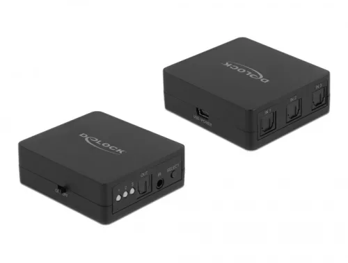 Delock S/PDIF TOSLINK kapcsoló 3 bemenettel és 1 kimenettel infrasugaras távkapcsolóval és USB Tápellátással (DL-63395)