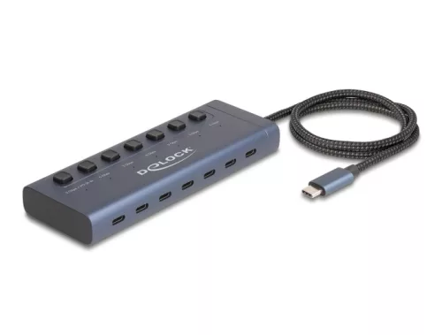 Delock USB 5 Gbps hub 7 USB Type-C  porttal és kapcsolóval, melyből 6 adatport és egy adat és 20 Wattos PD port (DL-63410)