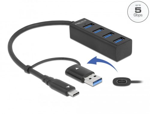 Delock 4 Port USB 3.2 Gen 1 Hub USB Type-C  vagy A-típusú USB konnektorral