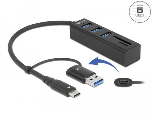 Delock 3 Port USB 3.2 Gen 1 Hub + SD és Micro SD kártyaolvasó USB Type-C  vagy A-típusú USB konnekto