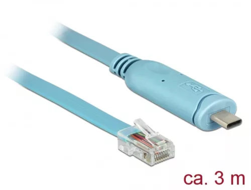Delock Adapter USB 2.0 C-típusú apa > 1 x soros RS-232 RJ45 apa 3,0 m kék (DL-63914)
