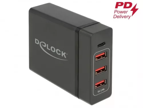 Delock USB töltő 1 db USB Type-C  PD + 3 db USB A-típusú 60 W (DL-63974)