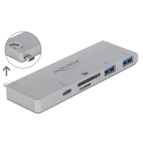   Delock 3 portos elosztó és 2 bemenetes kártyaolvasó MacBook-hoz 3.0 PD-vel és mozgatható (behúzható) (DL-64078)