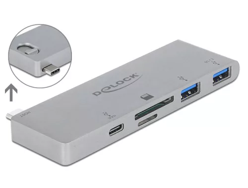 Delock 3 portos elosztó és 2 bemenetes kártyaolvasó MacBook-hoz 3.0 PD-vel és mozgatható (behúzható) (DL-64078)