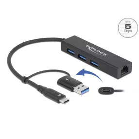   Delock 3 Port USB 3.2 Gen 1 Hub + Gigabit LAN USB Type-C  vagy A-típusú USB konnektorral (DL-64149)