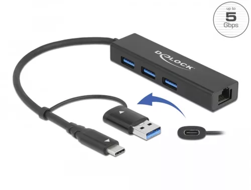 Delock 3 Port USB 3.2 Gen 1 Hub + Gigabit LAN USB Type-C  vagy A-típusú USB konnektorral (DL-64149)