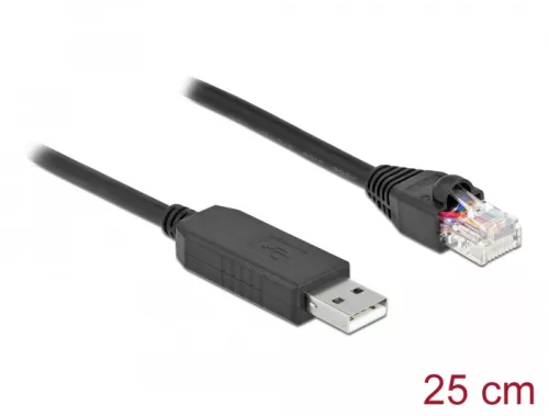 Delock Soros kapcsolati kábel FTDI chipszettel, USB 2.0 A-típusú apa - RS-232 RJ45 apa, 25 cm hosszú (DL-64158)