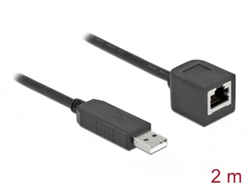 Delock Soros kapcsolati kábel FTDI chipszettel, USB 2.0 A-típusú apa - RS-232 RJ45 anya, 2 m hosszú, (DL-64165)