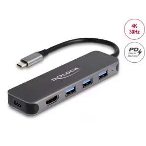   Delock 3 portos USB Hub és 4K HDMI kimenet USB Type-C  csatlakozóval és PD 85 Watt (DL-64171)