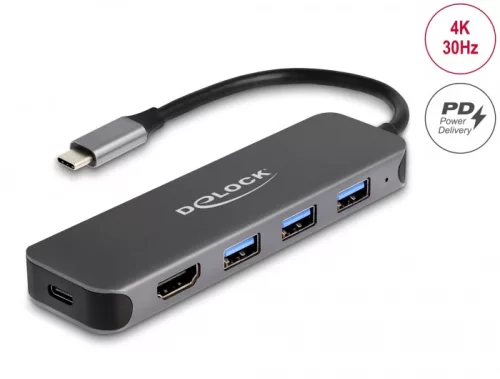 Delock 3 portos USB Hub és 4K HDMI kimenet USB Type-C  csatlakozóval és PD 85 Watt (DL-64171)