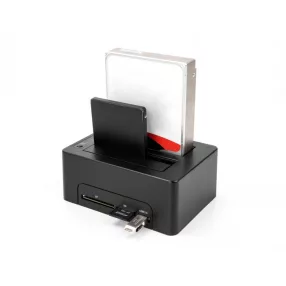   Delock USB kettős dokkoló állomás 2 x SATA HDD / SSD számára klónozási funkcióval és kártyaolvasóval + további USB port (DL-64183)