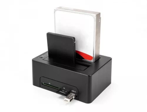 Delock USB kettős dokkoló állomás 2 x SATA HDD / SSD számára klónozási funkcióval és kártyaolvasóval + további USB port (DL-64183)