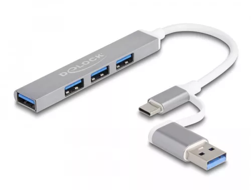 Delock 4 portos vékony USB Hub USB Type-C  vagy USB A-típusú - 3 x USB 2.0 Type-A csatlakozóhüvely + 1 x USB 5 Gbps Type-A csatlakozóhüvely (DL-64214)