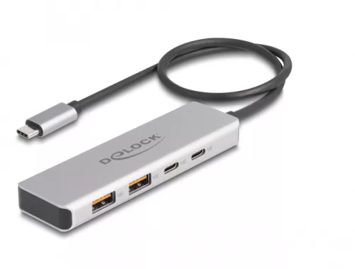 Delock USB 10 Gbps USB Type-C  hub 2 x A-típusú USB csatlakozóval és 2 x USB Type-C  csatlakozóval, valamint egy 35 cm hosszú csatlakozó kábellel (DL-64230)
