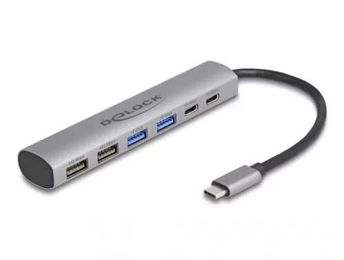 Delock 6 portos USB hub 4 x A-típusú USB anyával és 2 x USB Type-C  anya csatlakozóval (DL-64232)
