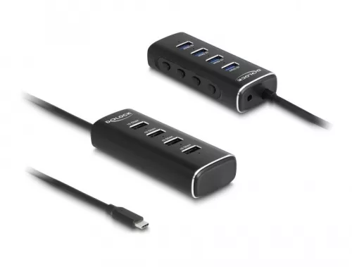 Delock 4 portos USB 10 Gbps hub USB Type-C , 60 cm hosszú kábellel és az egyes portokhoz tartozó kapcsolóval (DL-64233)