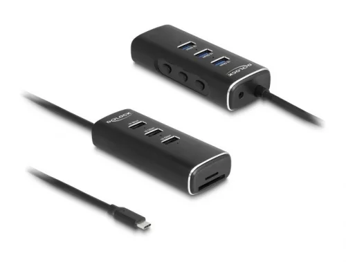 Delock 3 portos USB 10 Gbps hub, SD és Micro-SD kártyaolvasóval USB Type-C , 60 cm hosszú kábellel és portokhoz tartozó kapcsolóval (DL-64234)