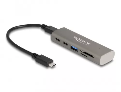 Delock 3 portos USB 10 Gbps hub beépített SD és Micro SD kártyaolvasóval, valamint USB Type-C  csatlakoztatóval (DL-64236)