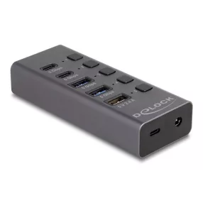   Delock Hub USB 5 Gbps 2 x A-típusú és 2 x USB Type-C  anya és 1 x gyorstöltő port + kapcsoló (DL-64248)