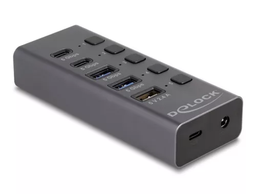 Delock Hub USB 5 Gbps 2 x A-típusú és 2 x USB Type-C  anya és 1 x gyorstöltő port + kapcsoló (DL-64248)